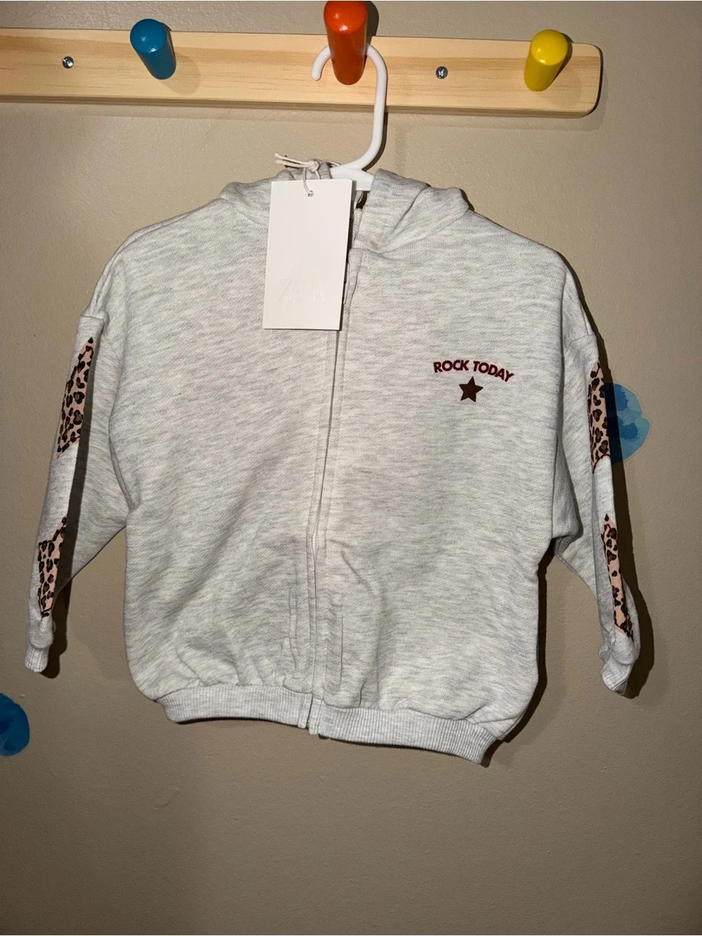 Zara Light Gray Hooded Zip Sweatshirt with Leopard Trim